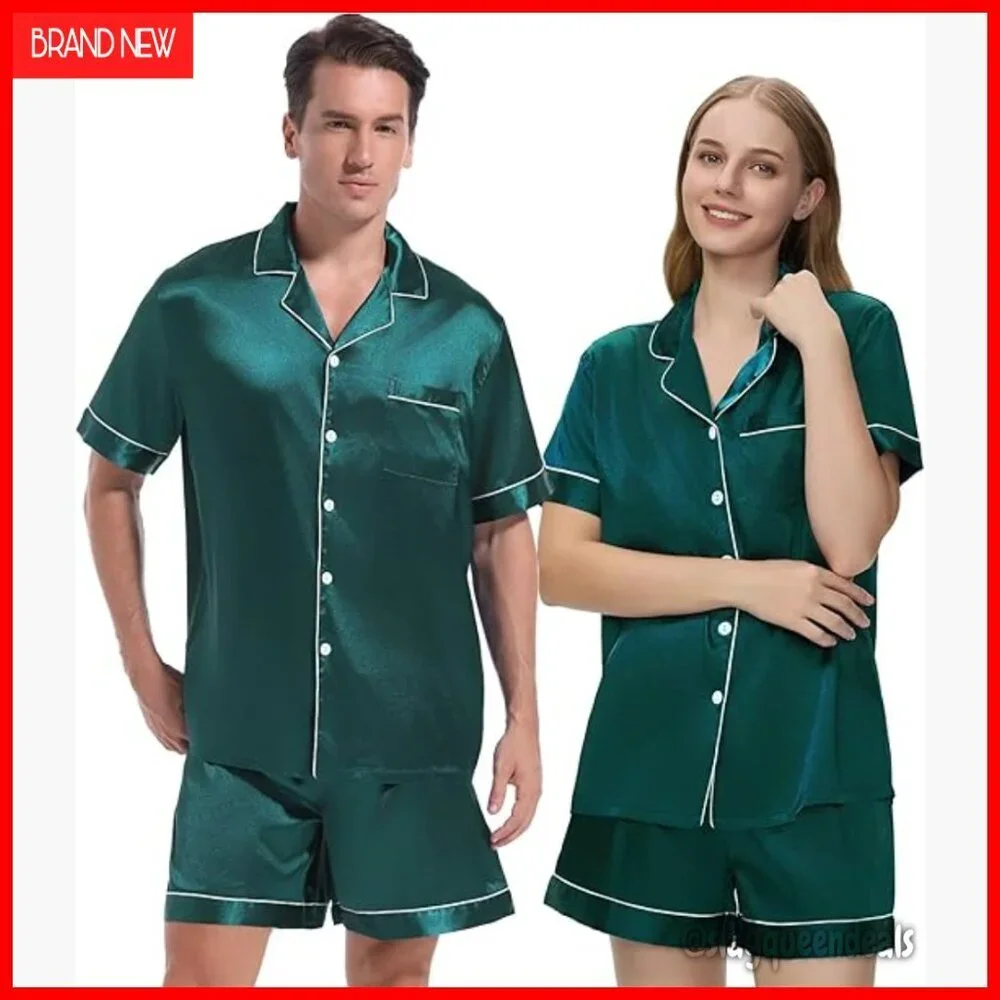 Satin Pajama Set Short Sleeve Button Down Lounge Sleepwear 2 Piece